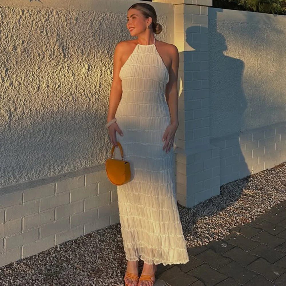 Ethereal Muse | Backless Pleated Halter Maxi Dress - Image 3