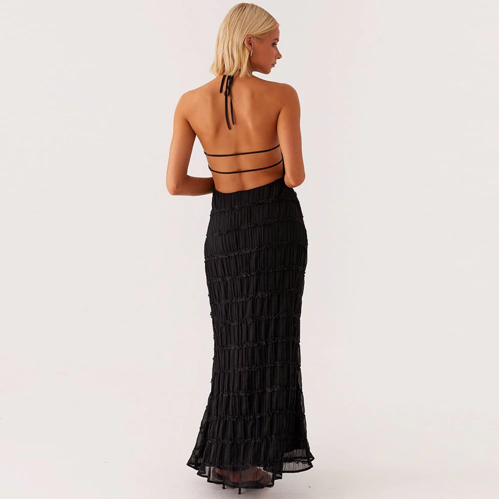 Ethereal Muse | Backless Pleated Halter Maxi Dress - Image 4