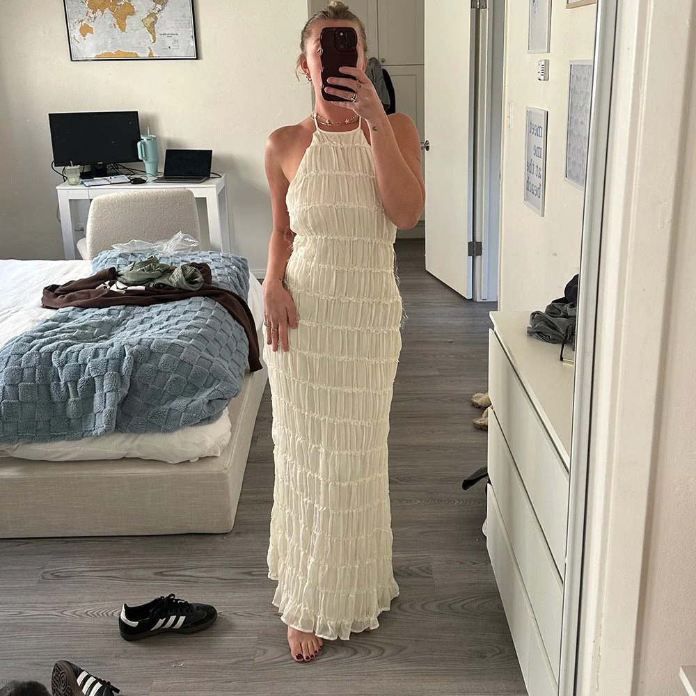 Ethereal Muse | Backless Pleated Halter Maxi Dress - Image 9