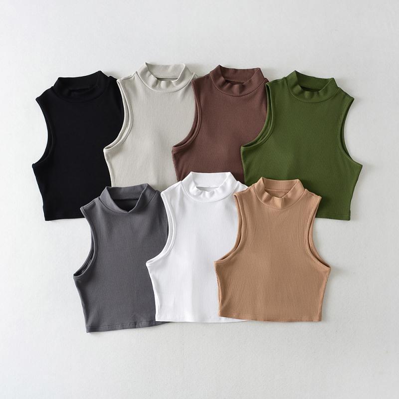 European and American summer new retro small high collar vest women's elastic slim fit short style navel-exposed sleeveless sports top