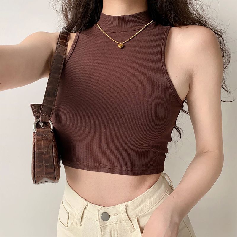 European and American summer new retro small high collar vest women's elastic slim fit short style navel-exposed sleeveless sports top - Image 2