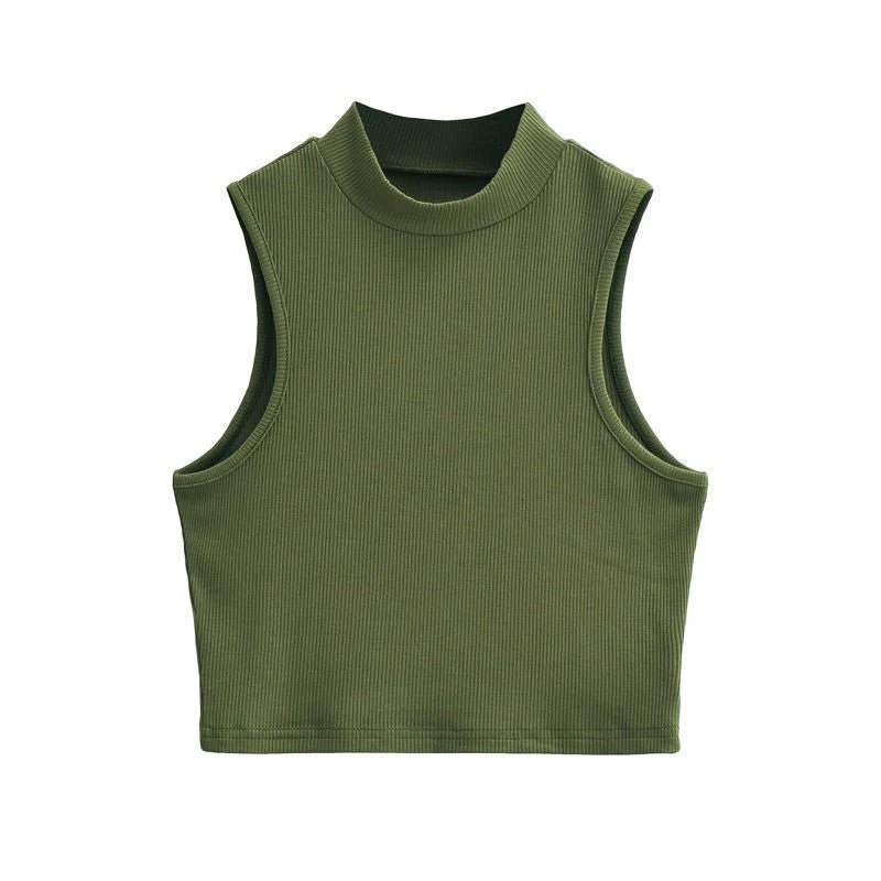 European and American summer new retro small high collar vest women's elastic slim fit short style navel-exposed sleeveless sports top - Image 7
