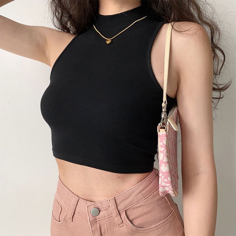 European and American summer new retro small high collar vest women's elastic slim fit short style navel-exposed sleeveless sports top FD - Image 10