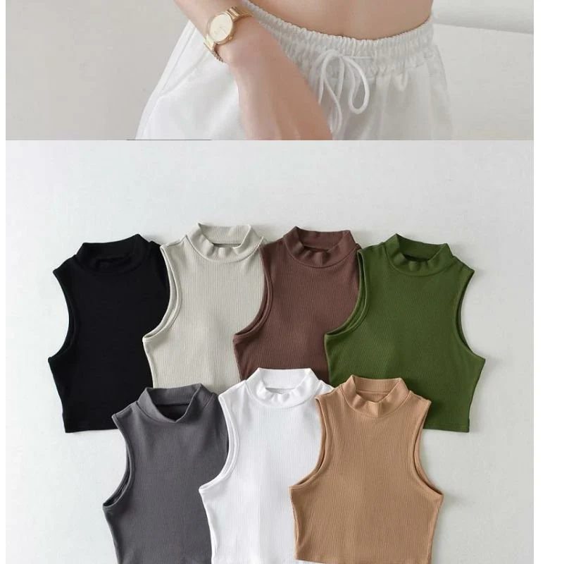 European and American summer new retro small high collar vest women's elastic slim fit short style navel-exposed sleeveless sports top FD - Image 15