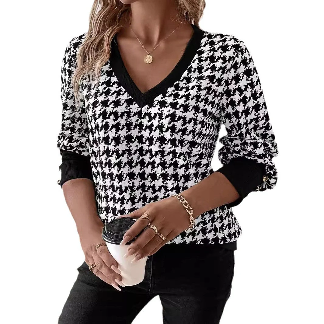 explosion spring 2025 elegant women's printing sweater V-neck long-sleeved T-shirt top women - Image 5