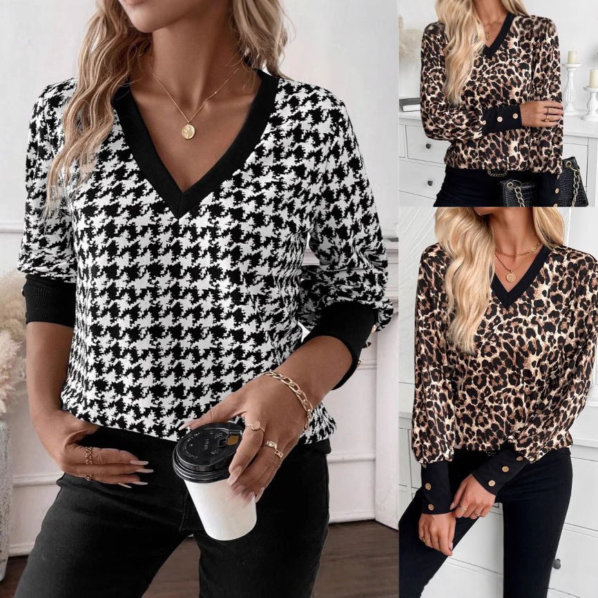 explosion spring 2025 elegant women's printing sweater V-neck long-sleeved T-shirt top women FD