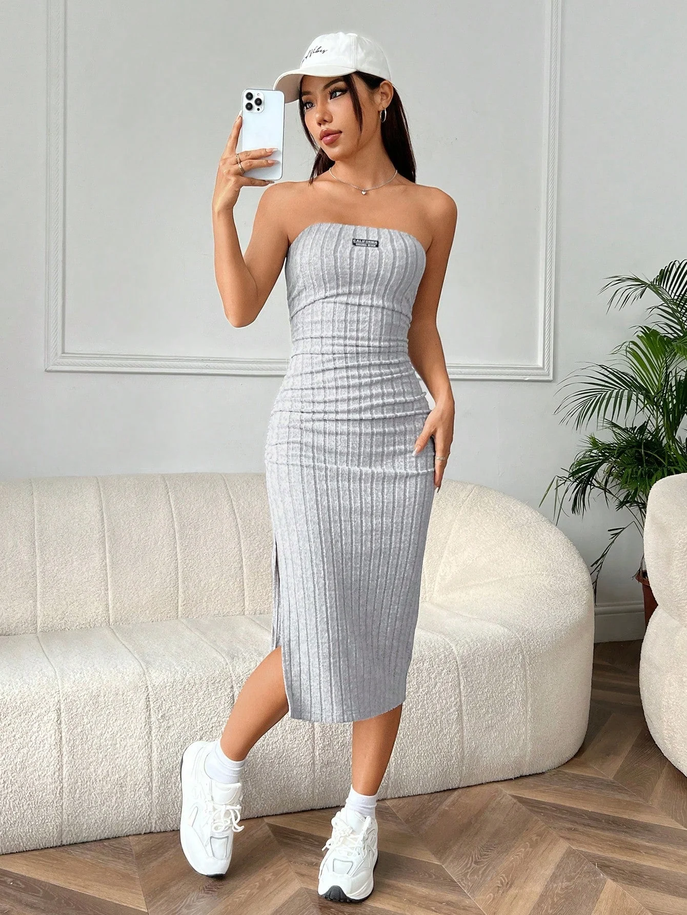 EZwear Letter Printed Patchwork Split Front Bandeau Dress