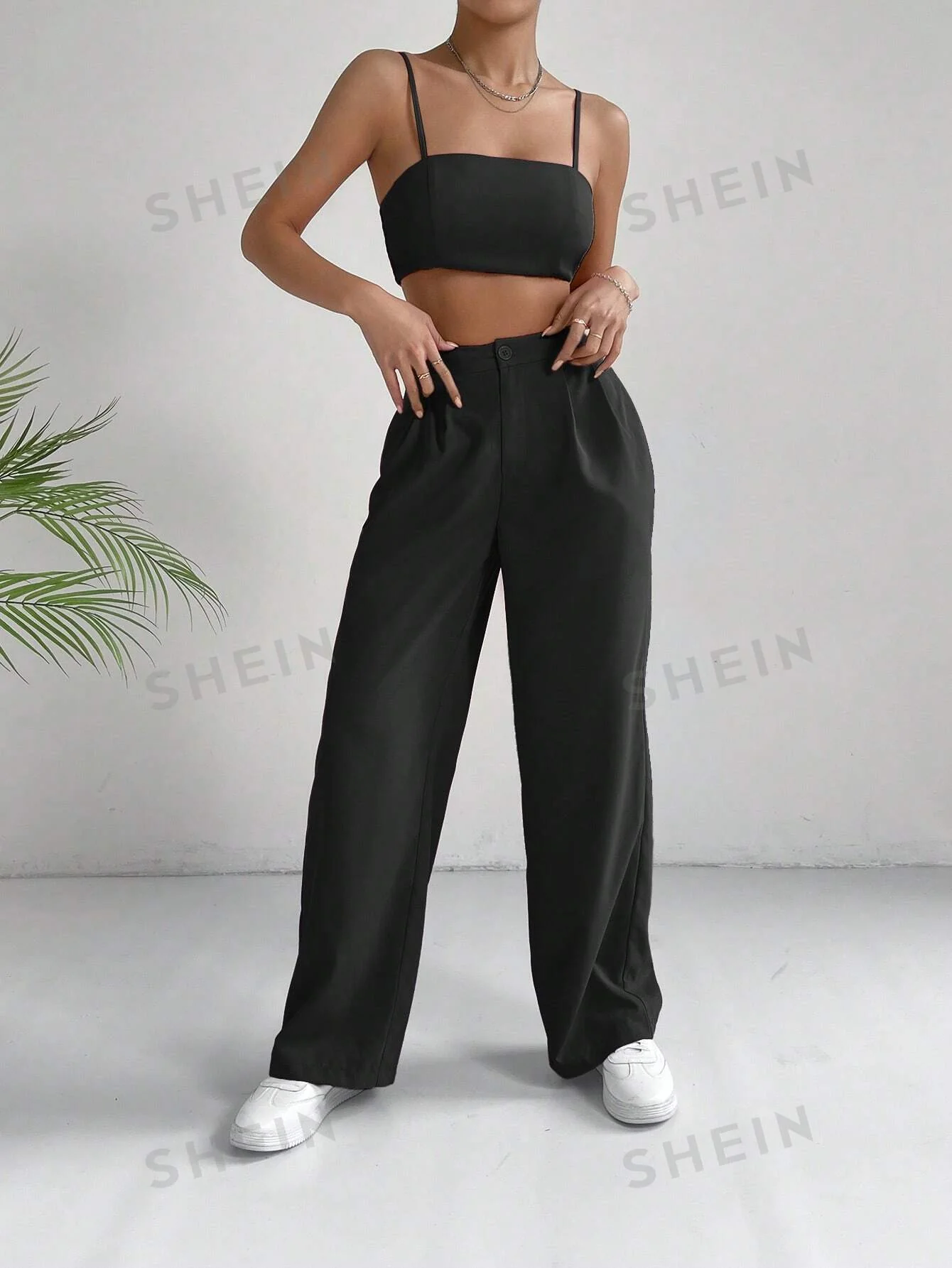 EZwear Solid Crop Cami Top & Wide Leg Pants - Image 3