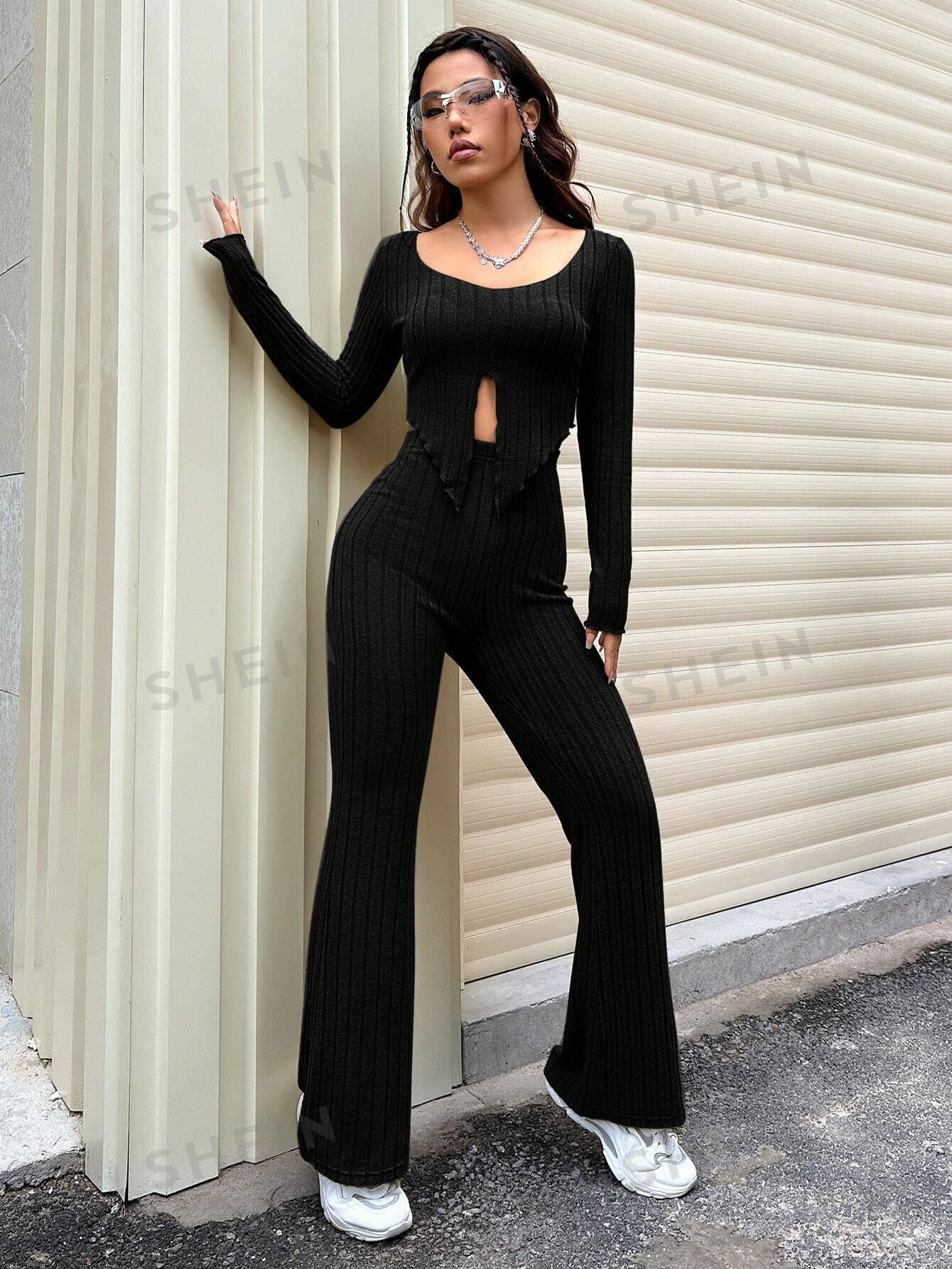 EZwear Women's Long Sleeve Ribbed T-Shirt And Pants Set With Split Hem Design - Image 13