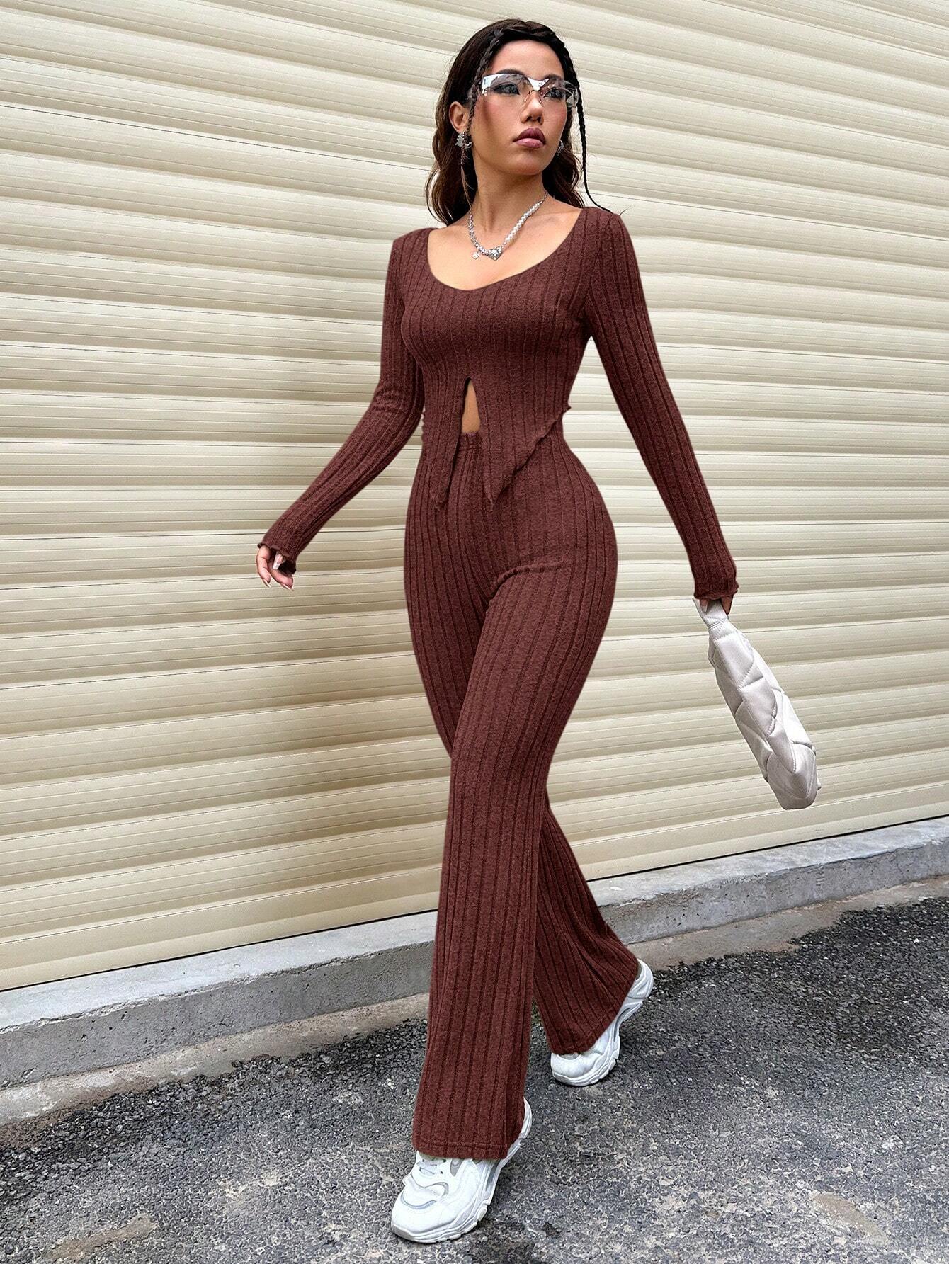 EZwear Women's Long Sleeve Ribbed T-Shirt And Pants Set With Split Hem Design - Image 21