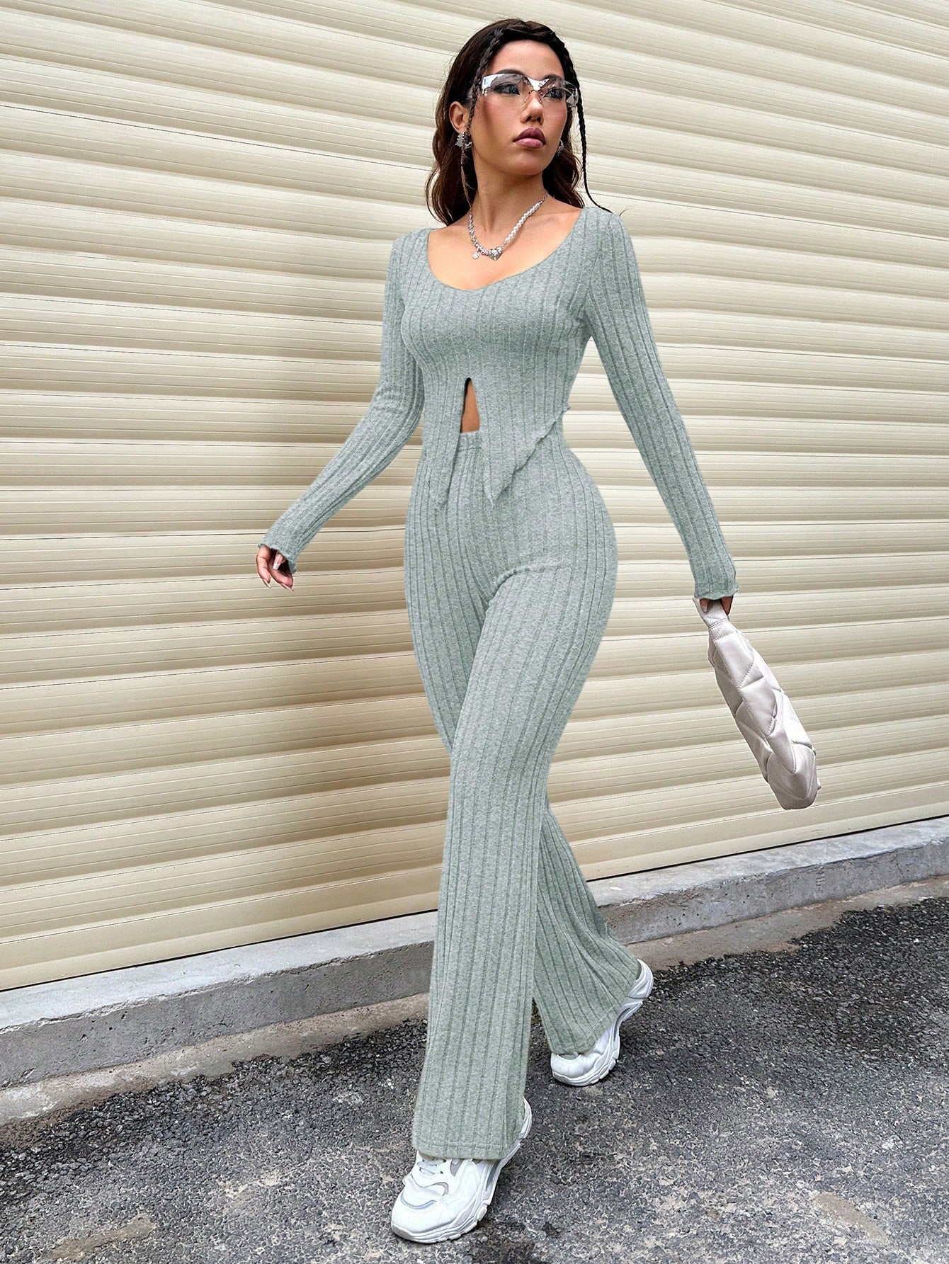 EZwear Women's Long Sleeve Ribbed T-Shirt And Pants Set With Split Hem Design - Image 4