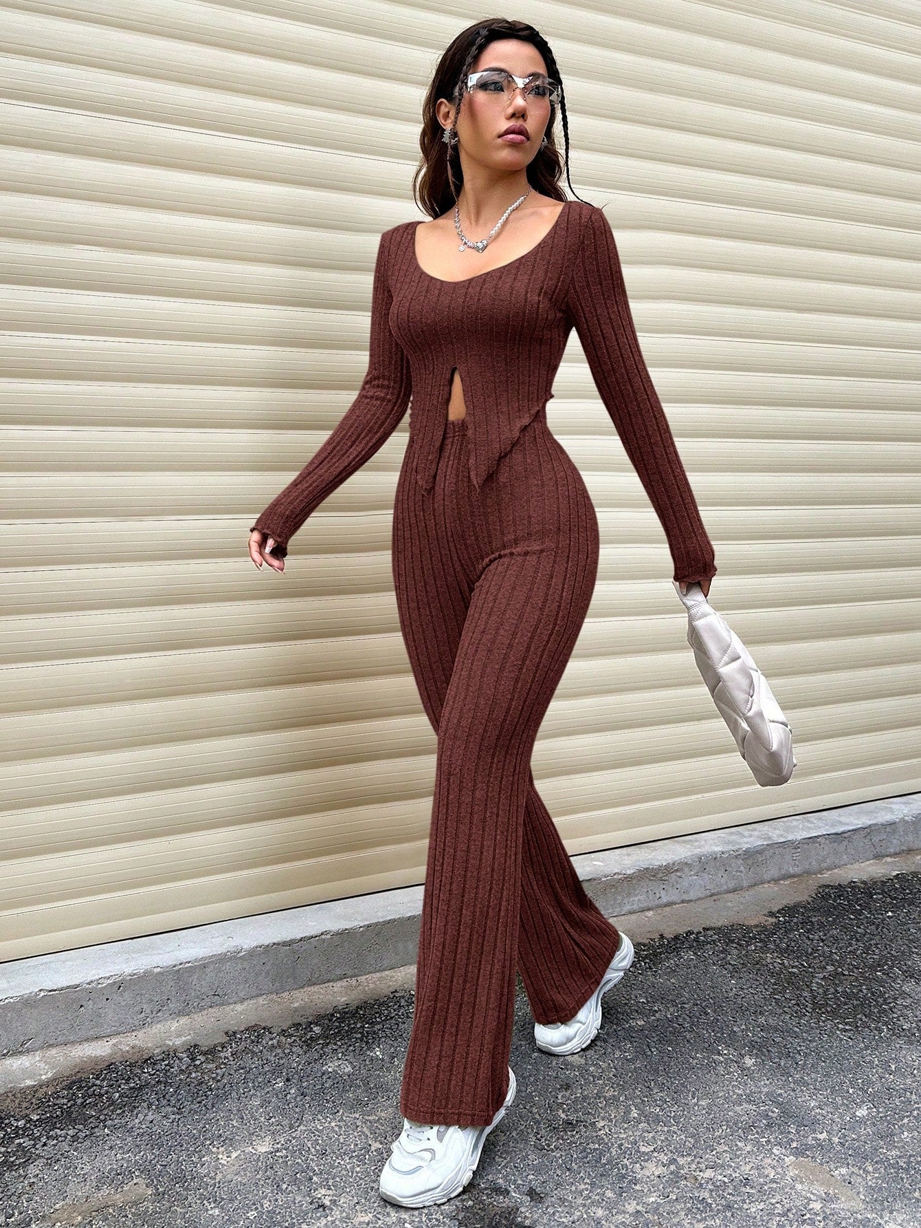 EZwear Women's Long Sleeve Ribbed T-Shirt And Pants Set With Split Hem Design - Image 7
