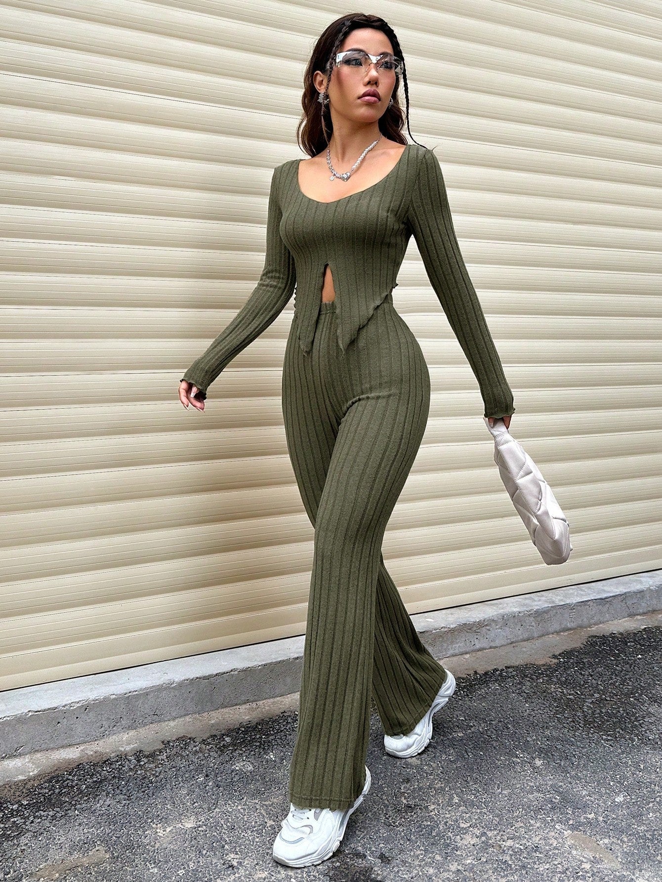 EZwear Women's Long Sleeve Ribbed T-Shirt And Pants Set With Split Hem Design - Image 9