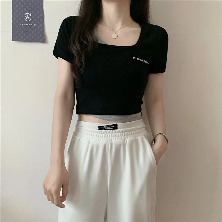 Fake two-piece t-shirt women's summer short-sleeved short open-navel tight Korean style chic design sense niche hot girl bm top - Image 2