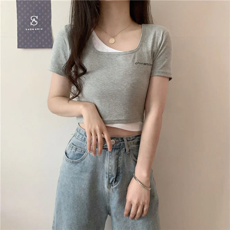 Fake two-piece t-shirt women's summer short-sleeved short open-navel tight Korean style chic design sense niche hot girl bm top - Image 3