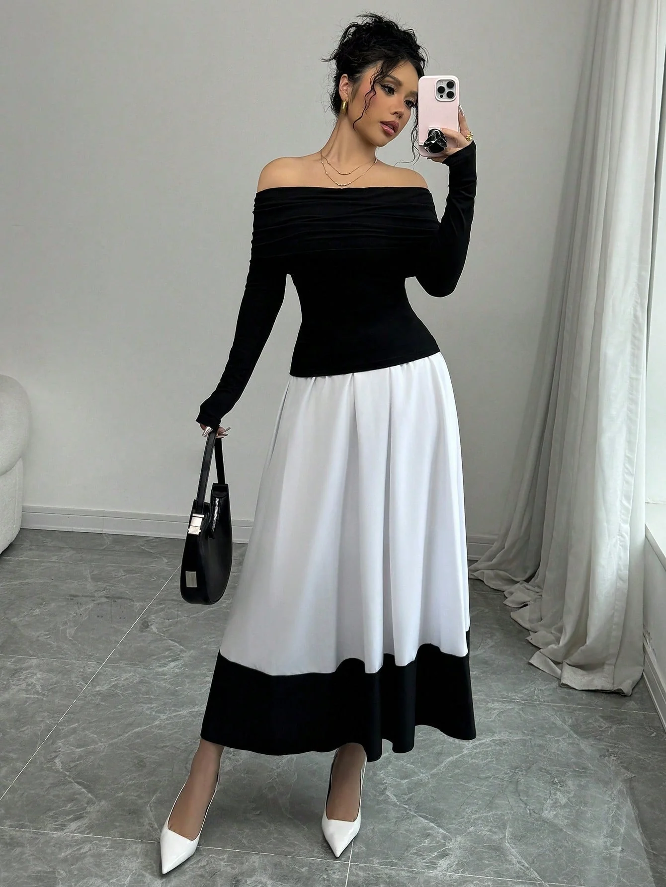 Fashion Off-Shoulder Pleated Black Top Matched With Black & White Contrast Flare A-Line Skirt, 2pcs Women's Set For Daily Wear - Image 3