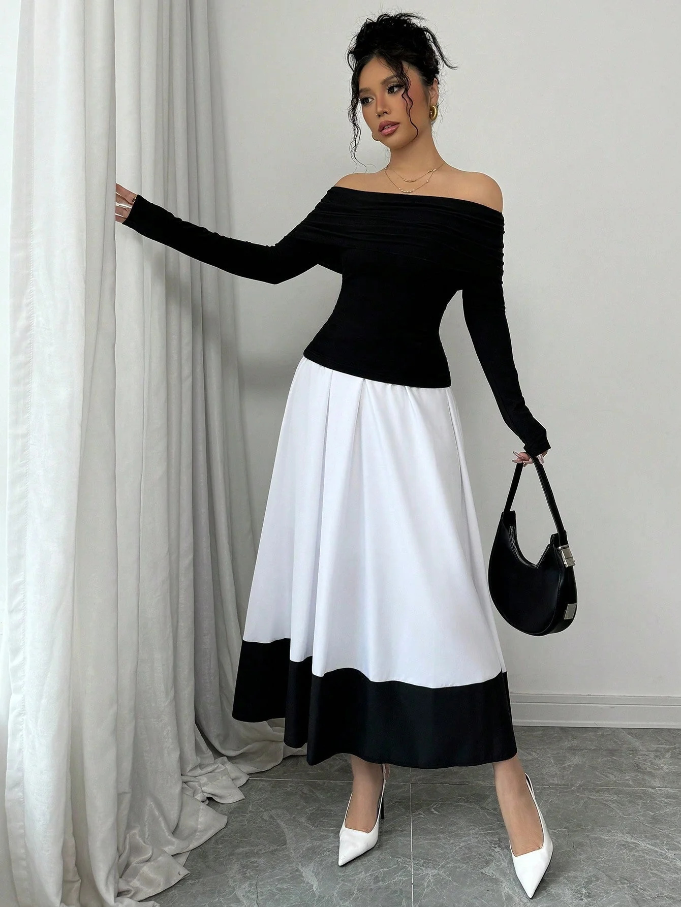 Fashion Off-Shoulder Pleated Black Top Matched With Black & White Contrast Flare A-Line Skirt, 2pcs Women's Set For Daily Wear - Image 4
