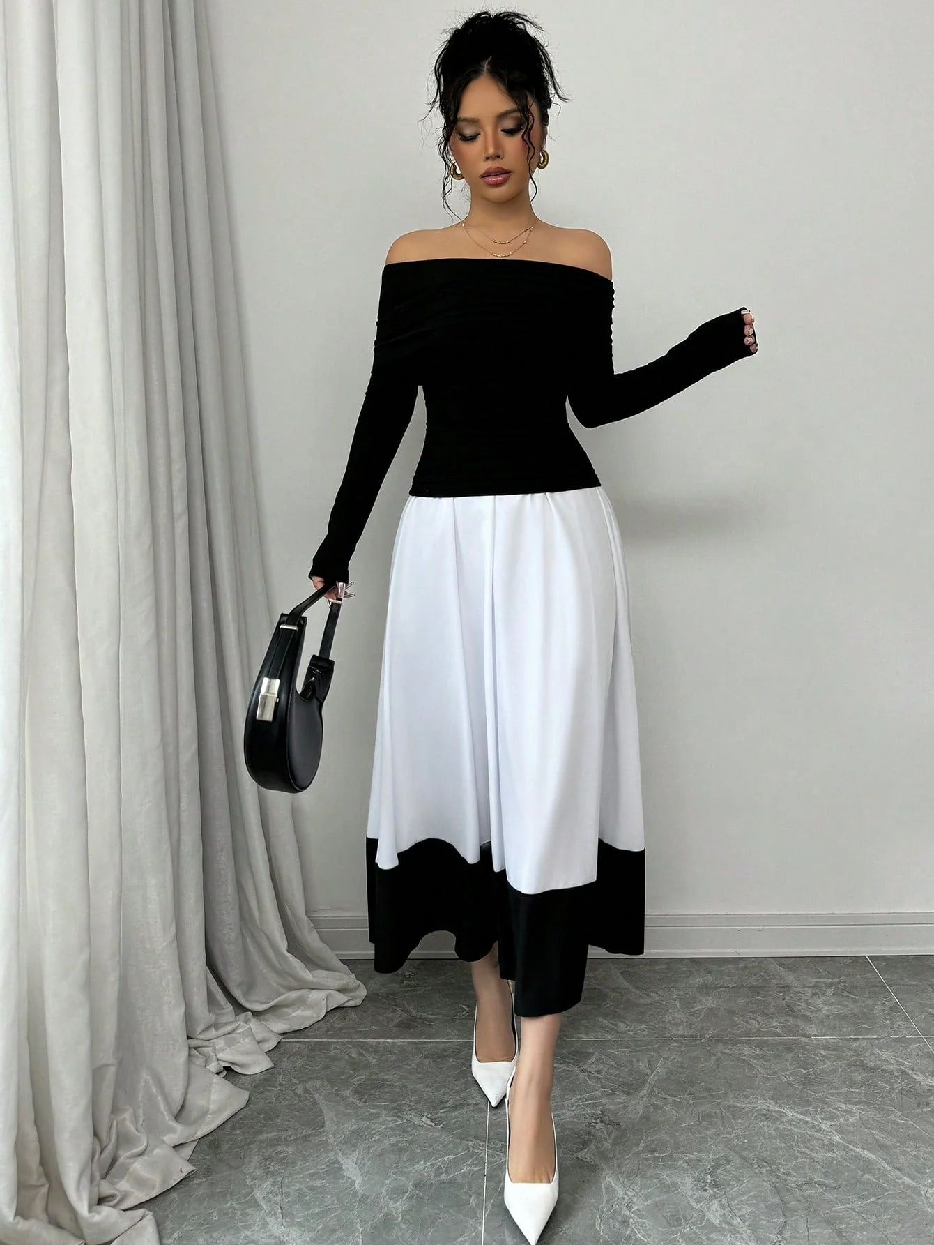 Fashion Off-Shoulder Pleated Black Top Matched With Black & White Contrast Flare A-Line Skirt, 2pcs Women's Set For Daily Wear - Image 5