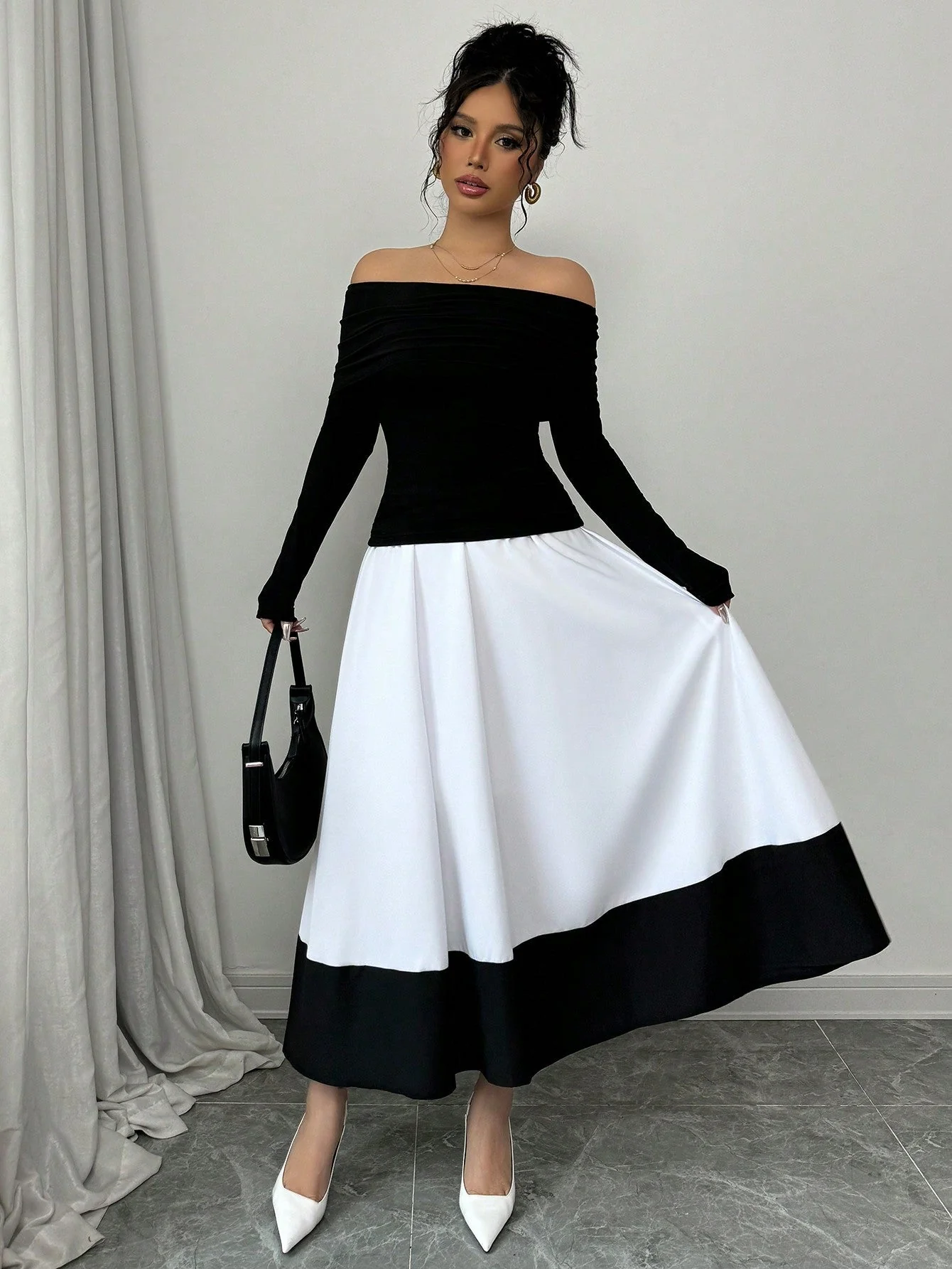 Fashion Off-Shoulder Pleated Black Top Matched With Black & White Contrast Flare A-Line Skirt, 2pcs Women's Set For Daily Wear - Image 6