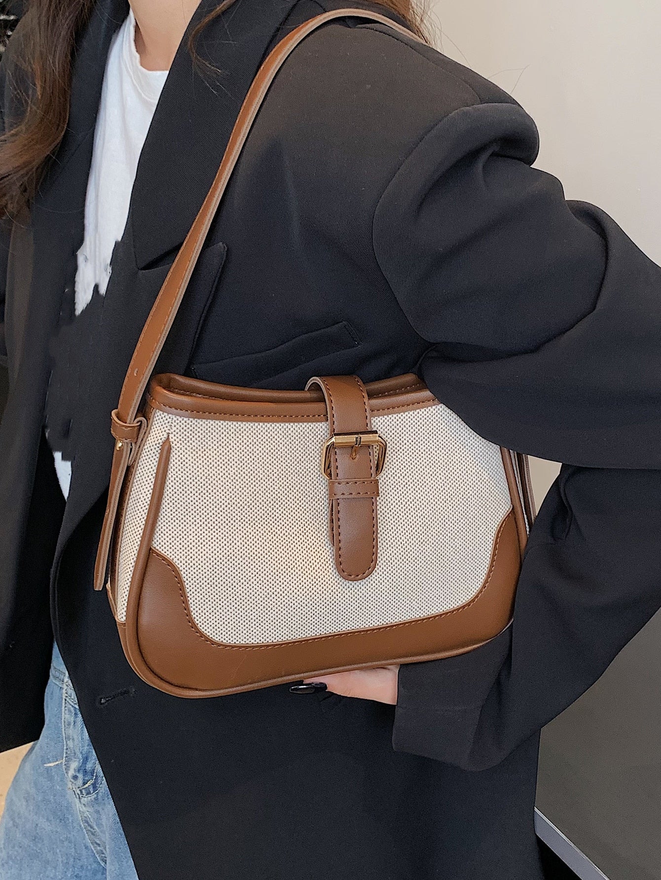 Fashionable Linen Cloth Color Blocking Elegant Shoulder Cross-body Bag - Image 11