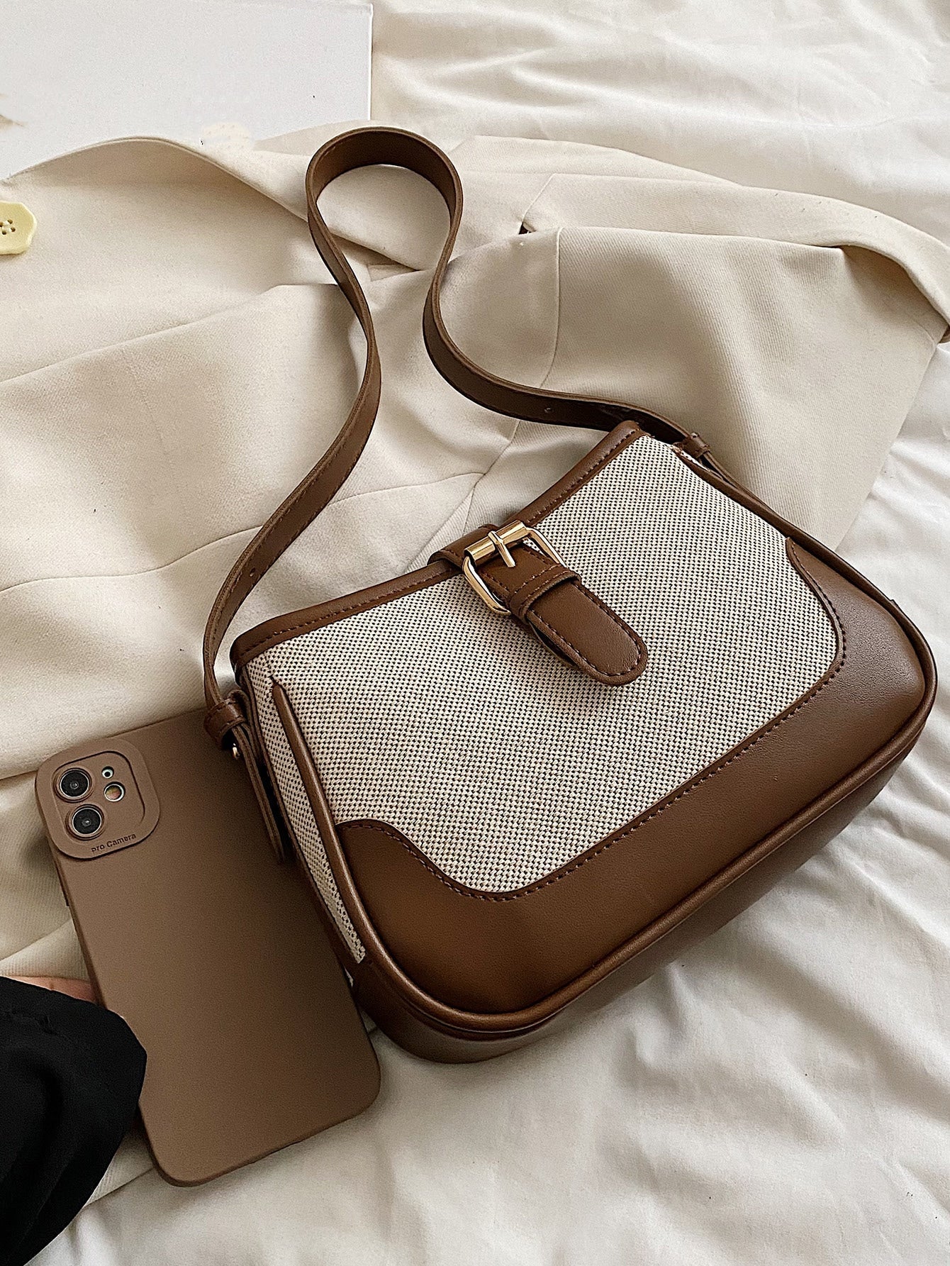 Fashionable Linen Cloth Color Blocking Elegant Shoulder Cross-body Bag - Image 17