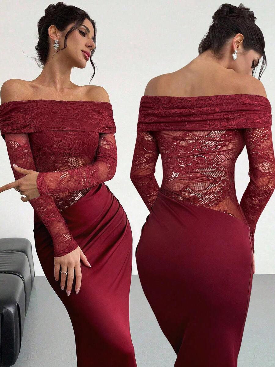 Firerie Women Summer Festival Old Money Elegant Sexy Minimalist Fashion Fatale Charm Valentine's Day  Party Date Off Shoulder Textured Mesh Sheer Gathered Low-Waist Bodycon Red Maxi - Image 17