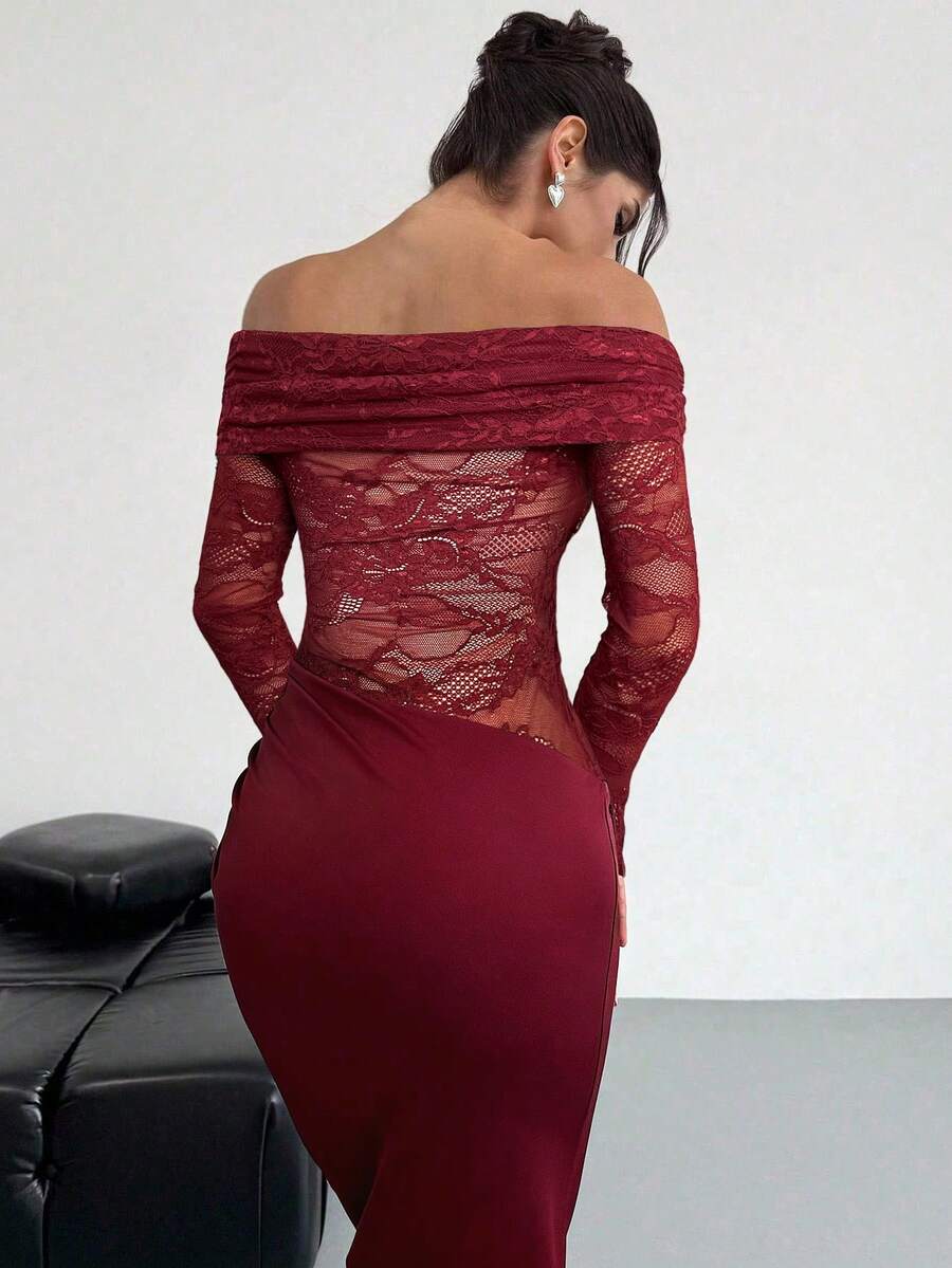 Firerie Women Summer Festival Old Money Elegant Sexy Minimalist Fashion Fatale Charm Valentine's Day  Party Date Off Shoulder Textured Mesh Sheer Gathered Low-Waist Bodycon Red Maxi - Image 18
