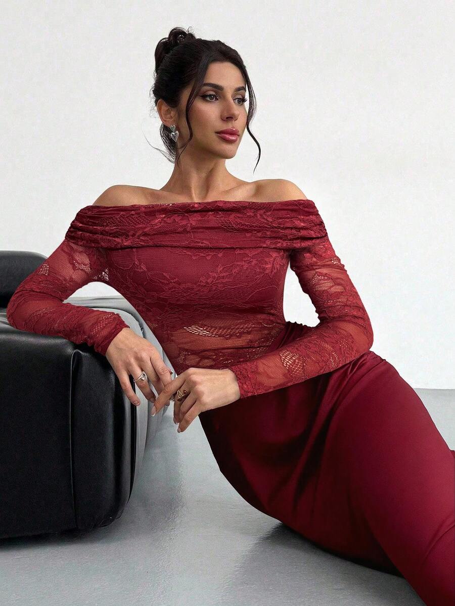 Firerie Women Summer Festival Old Money Elegant Sexy Minimalist Fashion Fatale Charm Valentine's Day  Party Date Off Shoulder Textured Mesh Sheer Gathered Low-Waist Bodycon Red Maxi - Image 19
