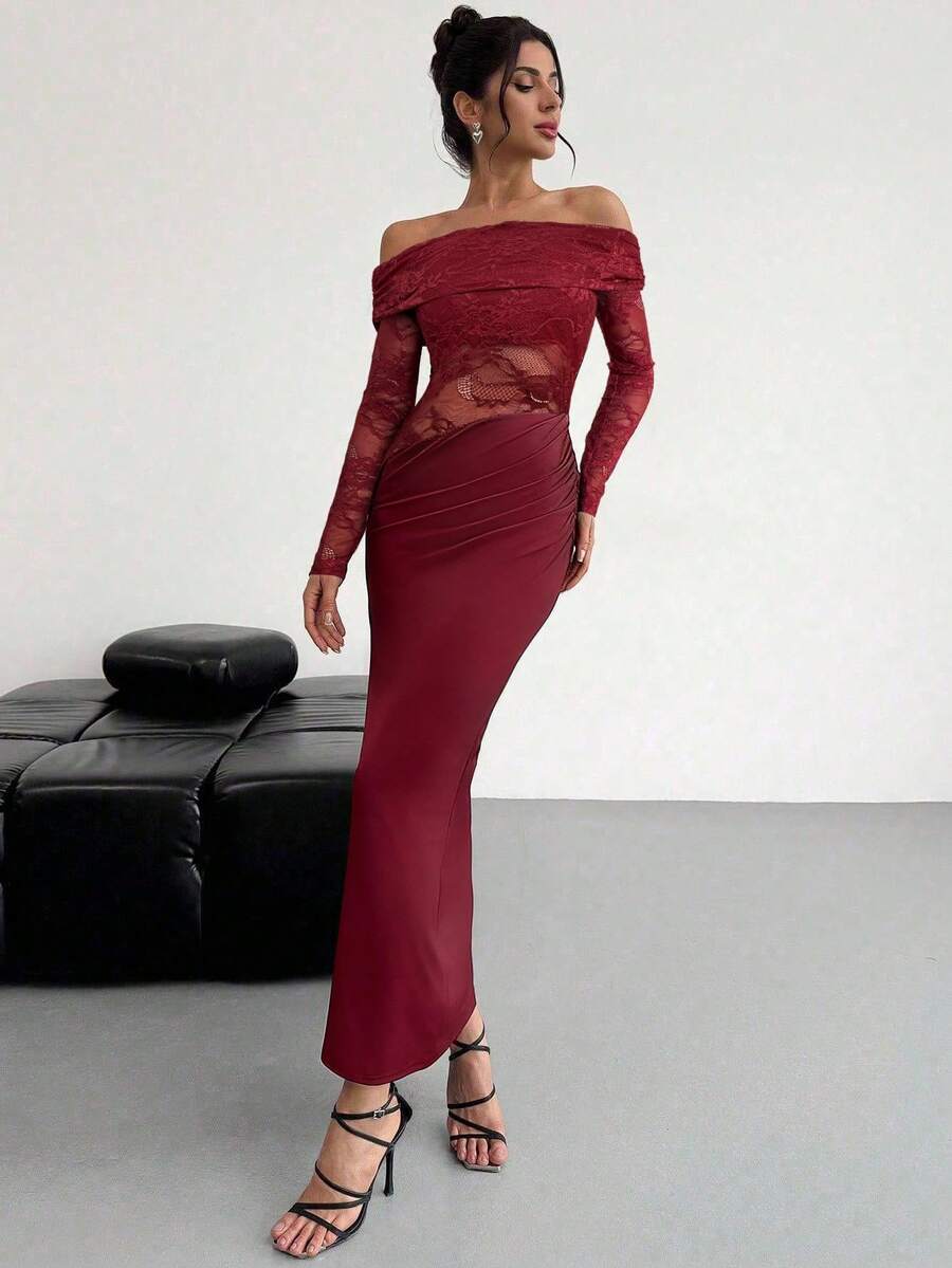 Firerie Women Summer Festival Old Money Elegant Sexy Minimalist Fashion Fatale Charm Valentine's Day  Party Date Off Shoulder Textured Mesh Sheer Gathered Low-Waist Bodycon Red Maxi - Image 20
