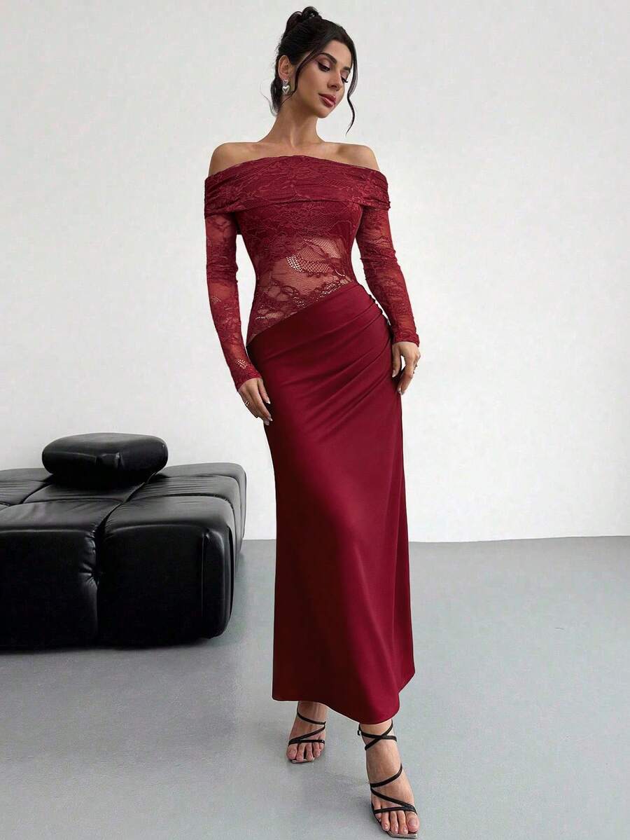 Firerie Women Summer Festival Old Money Elegant Sexy Minimalist Fashion Fatale Charm Valentine's Day  Party Date Off Shoulder Textured Mesh Sheer Gathered Low-Waist Bodycon Red Maxi - Image 21