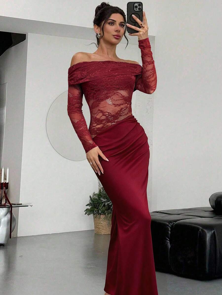 Firerie Women Summer Festival Old Money Elegant Sexy Minimalist Fashion Fatale Charm Valentine's Day  Party Date Off Shoulder Textured Mesh Sheer Gathered Low-Waist Bodycon Red Maxi - Image 22