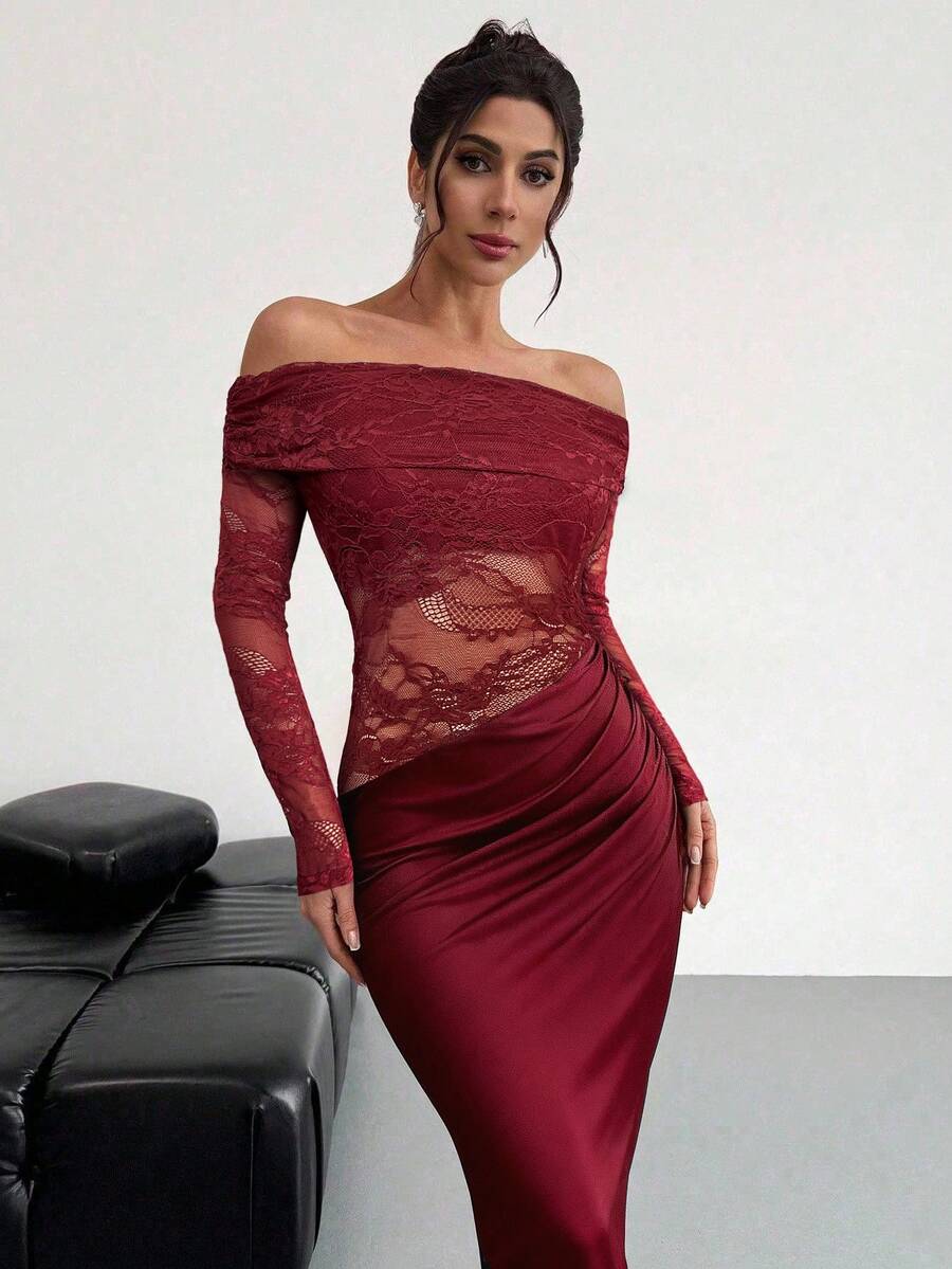 Firerie Women Summer Festival Old Money Elegant Sexy Minimalist Fashion Fatale Charm Valentine's Day  Party Date Off Shoulder Textured Mesh Sheer Gathered Low-Waist Bodycon Red Maxi - Image 23