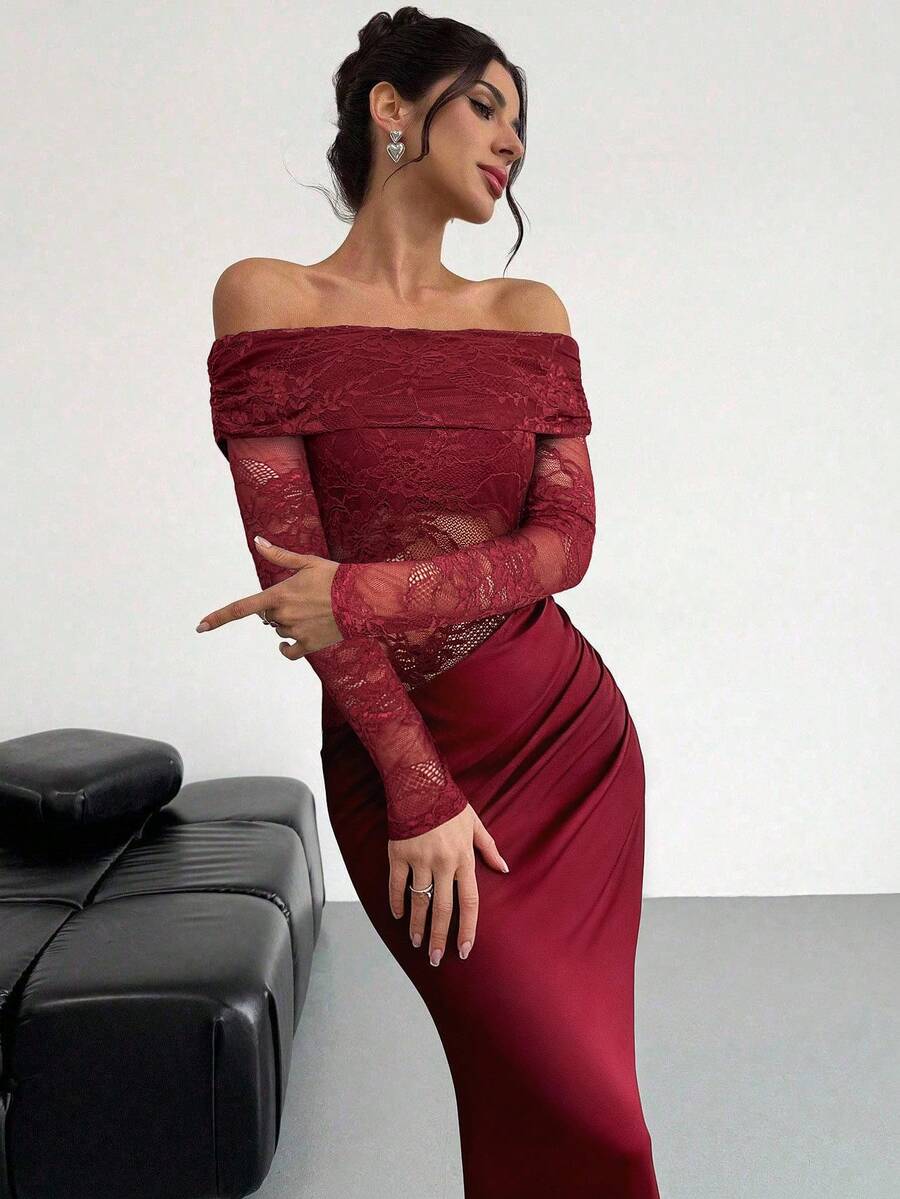 Firerie Women Summer Festival Old Money Elegant Sexy Minimalist Fashion Fatale Charm Valentine's Day  Party Date Off Shoulder Textured Mesh Sheer Gathered Low-Waist Bodycon Red Maxi - Image 25