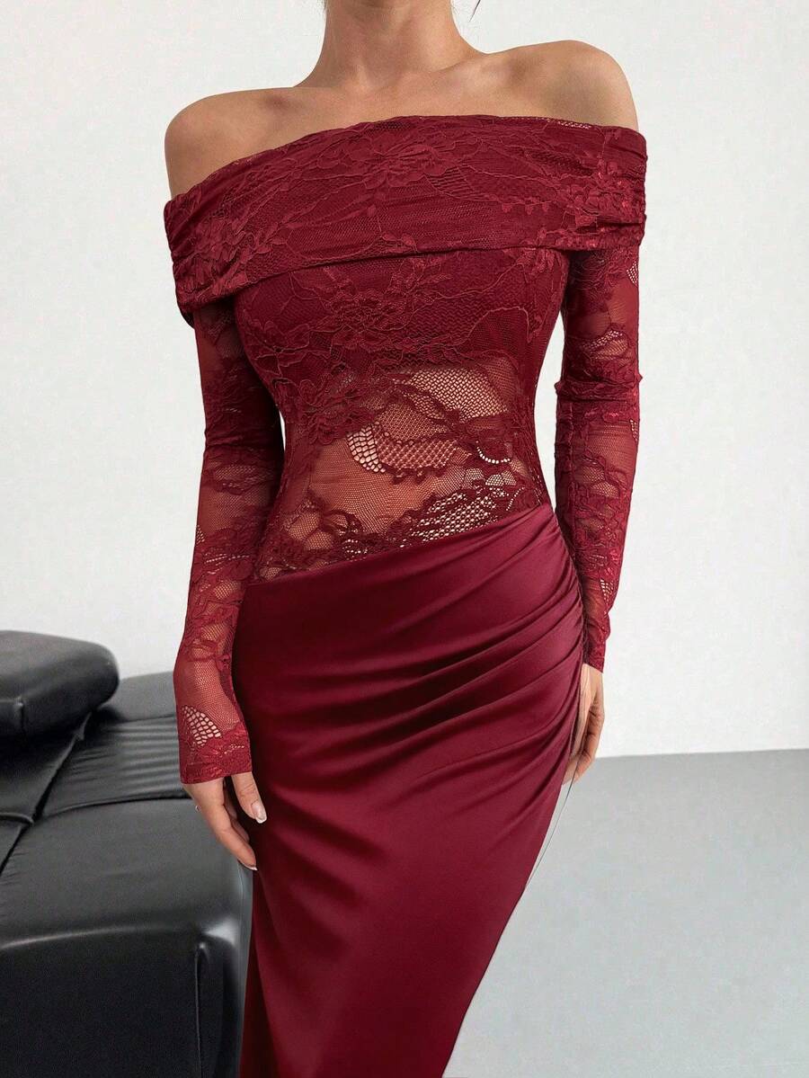 Firerie Women Summer Festival Old Money Elegant Sexy Minimalist Fashion Fatale Charm Valentine's Day  Party Date Off Shoulder Textured Mesh Sheer Gathered Low-Waist Bodycon Red Maxi - Image 26