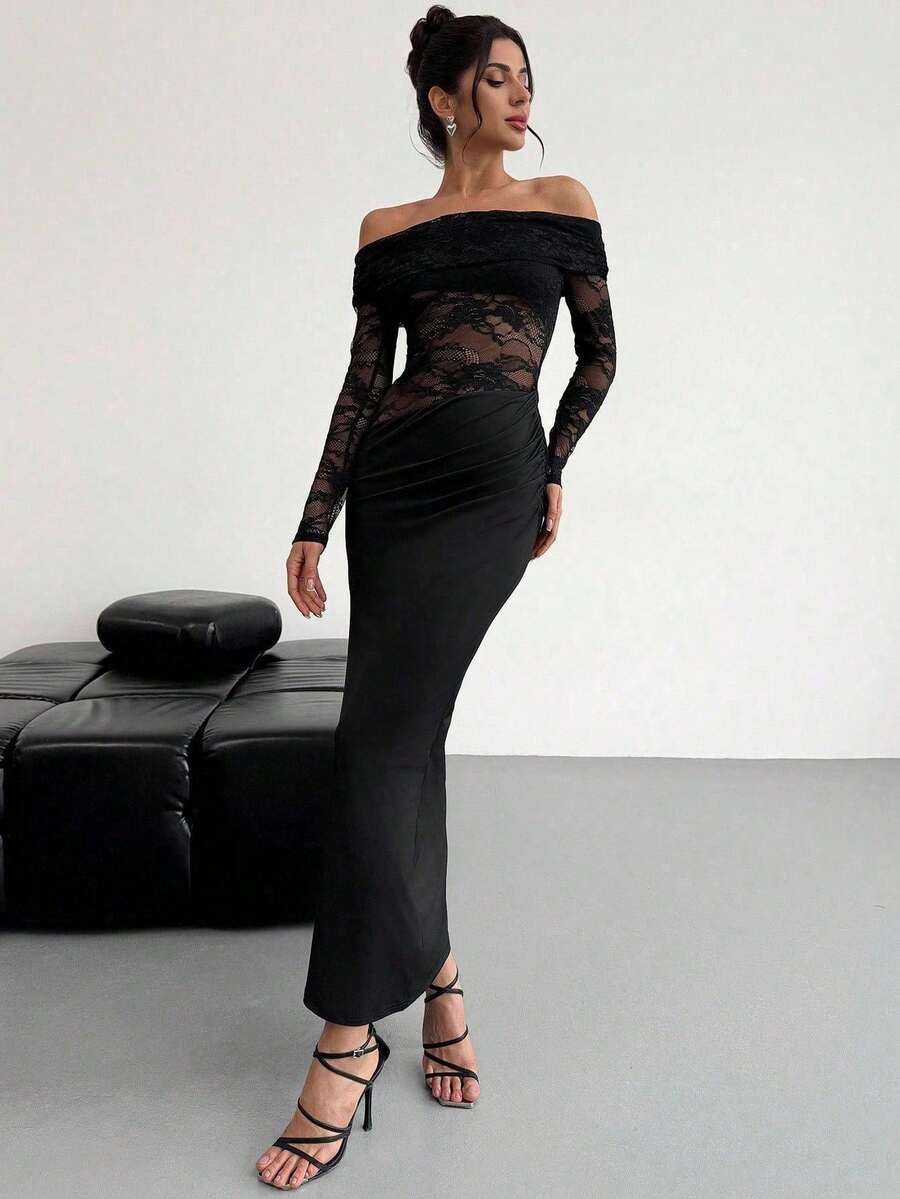 Firerie Women Summer Festival Old Money Elegant Sexy Minimalist Fashion Fatale Charm Valentine's Day  Party Date Off Shoulder Textured Mesh Sheer Gathered Low-Waist Bodycon Red Maxi - Image 4