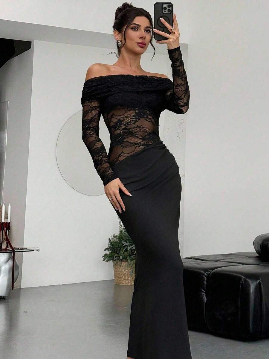 Firerie Women Summer Festival Old Money Elegant Sexy Minimalist Fashion Fatale Charm Valentine's Day  Party Date Off Shoulder Textured Mesh Sheer Gathered Low-Waist Bodycon Red Maxi - Image 6