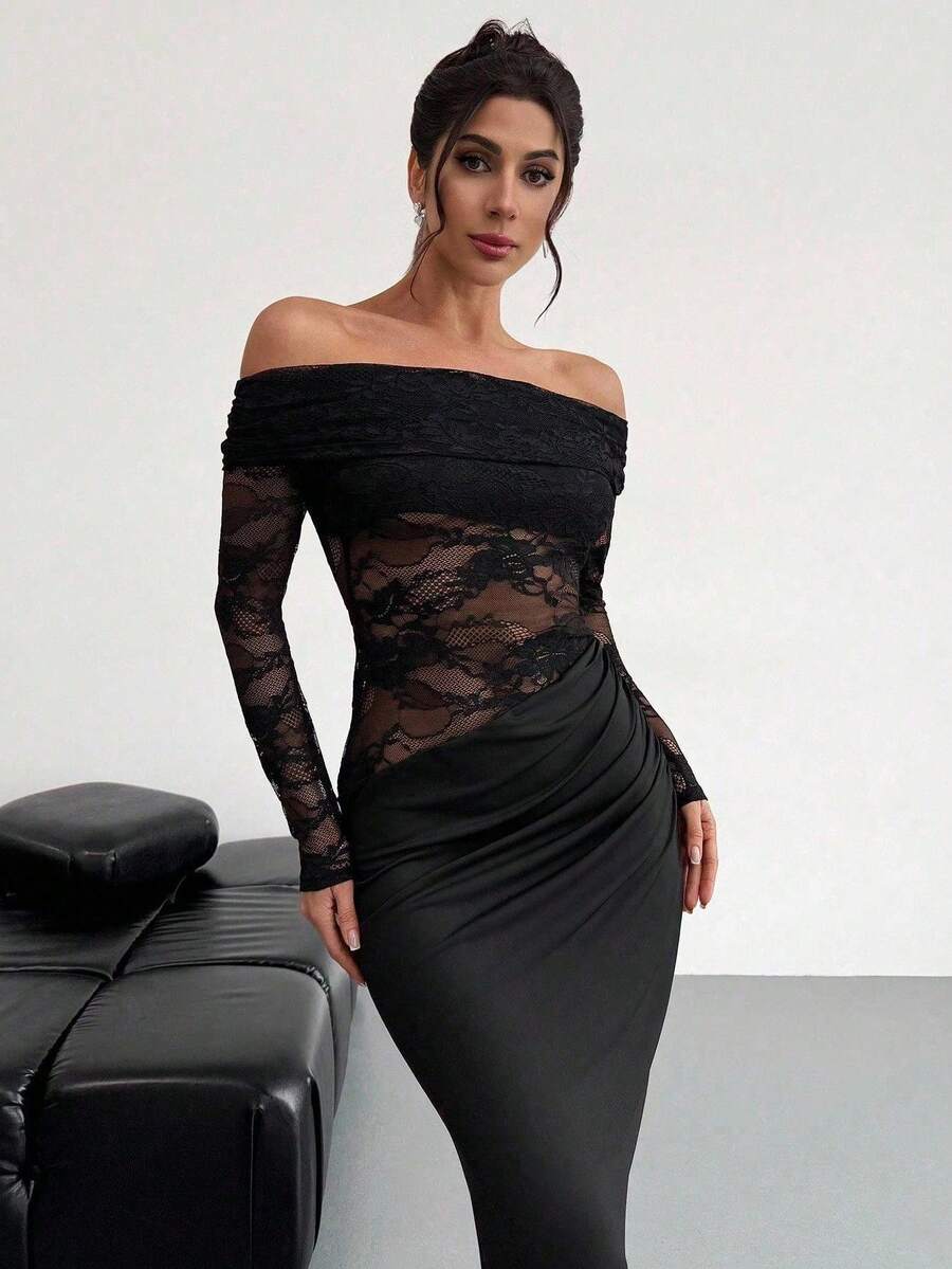 Firerie Women Summer Festival Old Money Elegant Sexy Minimalist Fashion Fatale Charm Valentine's Day  Party Date Off Shoulder Textured Mesh Sheer Gathered Low-Waist Bodycon Red Maxi - Image 7