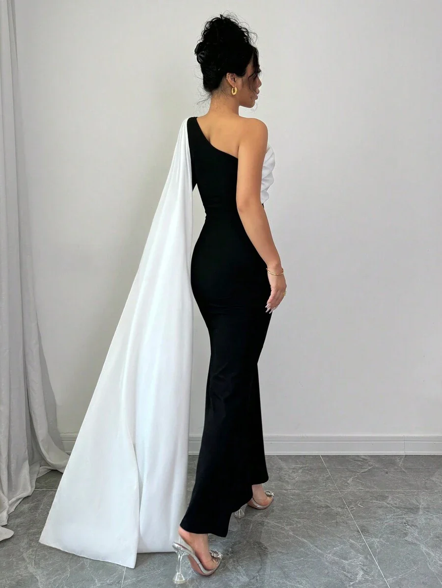Floral Decor One Shoulder Cinched Waist Dress, Autumn Maxi Women - Image 2