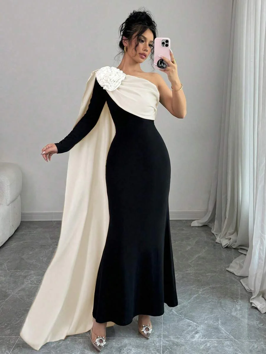Floral Decor One Shoulder Cinched Waist Dress, Autumn Maxi Women - Image 20