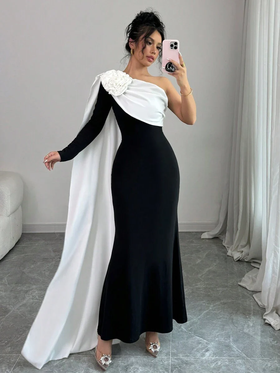 Floral Decor One Shoulder Cinched Waist Dress, Autumn Maxi Women - Image 4