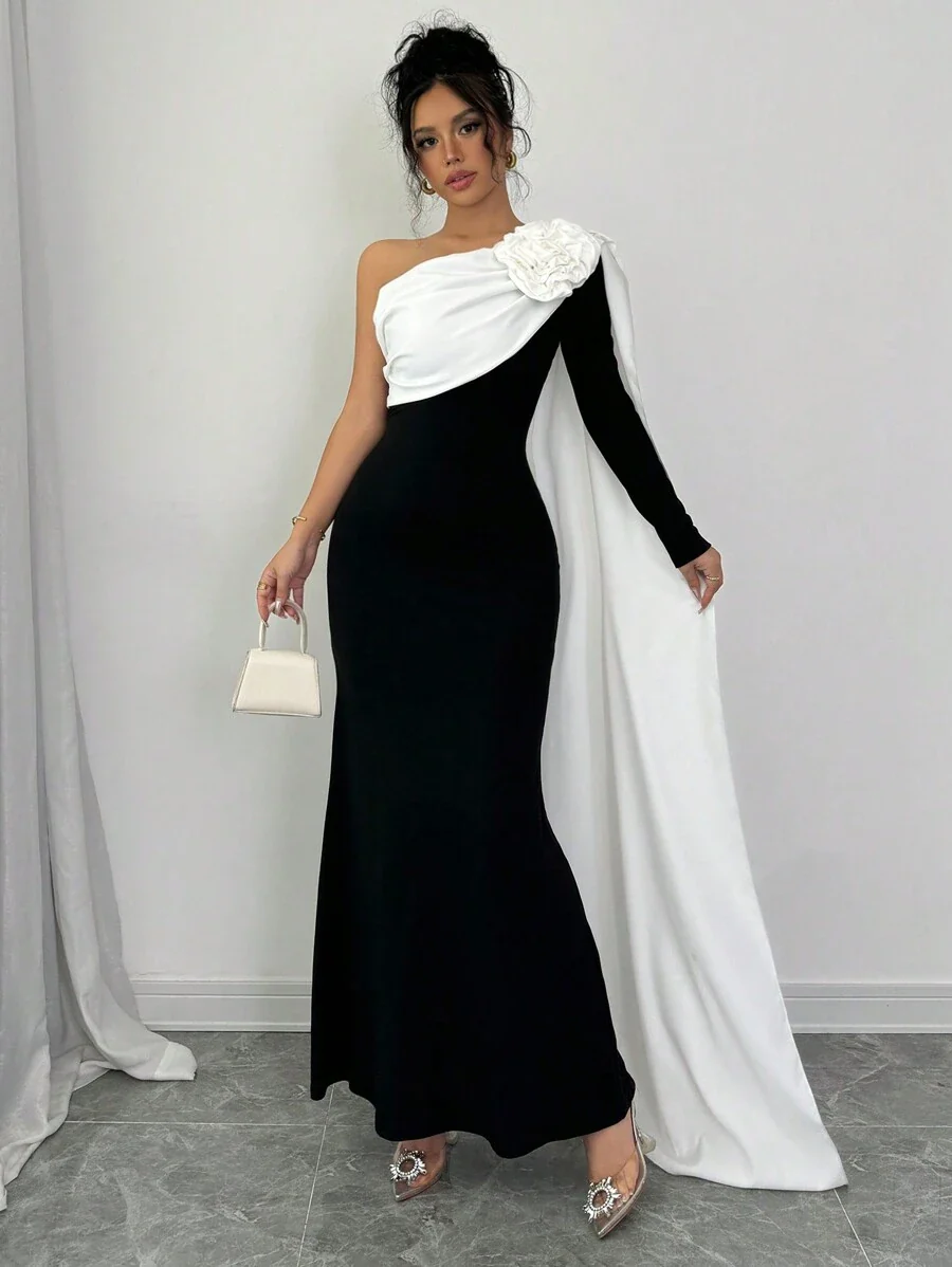 Floral Decor One Shoulder Cinched Waist Dress, Autumn Maxi Women - Image 7