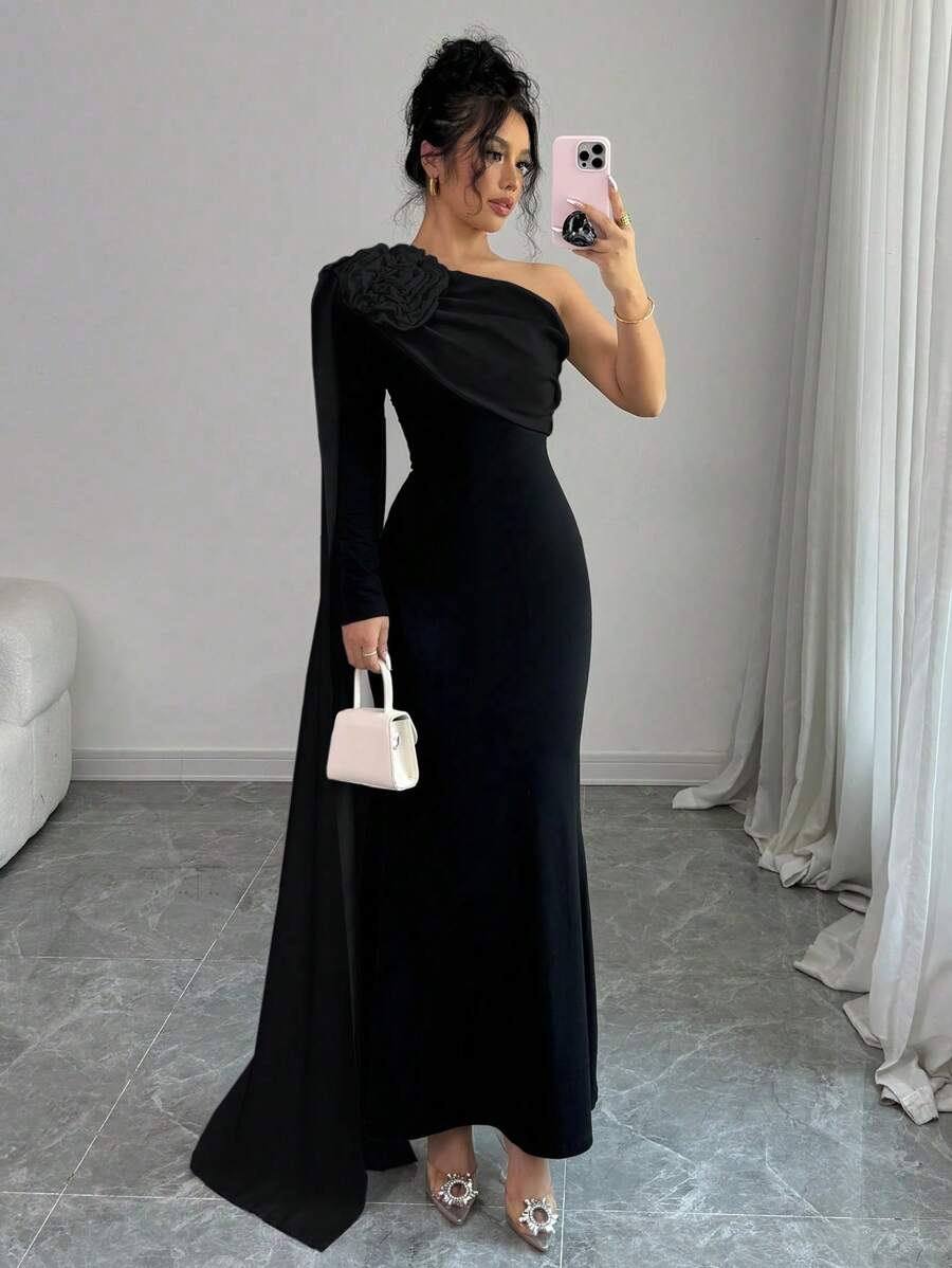 Floral Decor One Shoulder Cinched Waist Dress, Autumn Maxi Women - Image 9