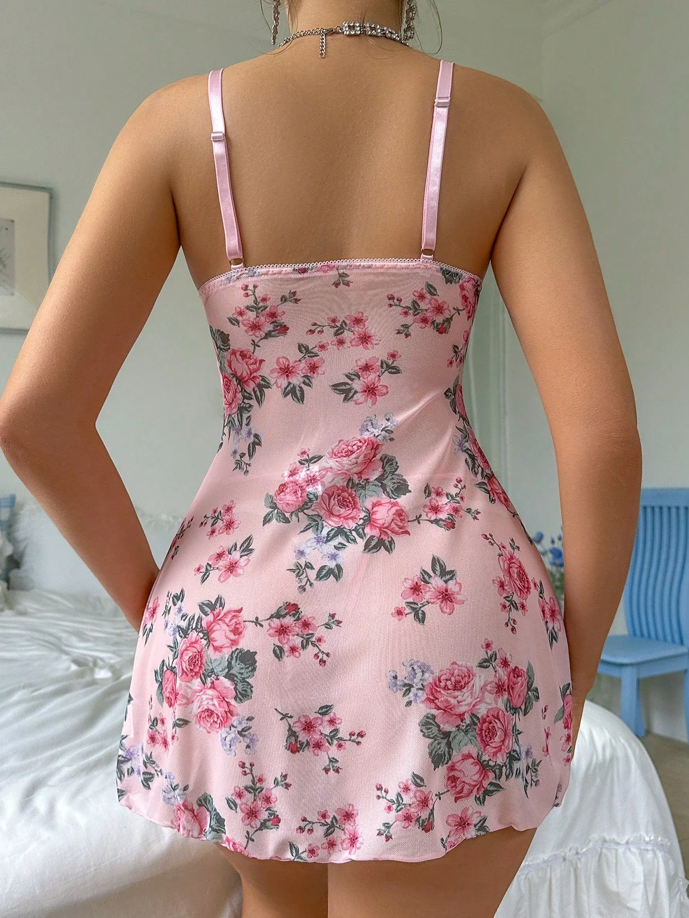 Floral Desire | Lace Spliced Cami Nightdress with Thong Pink - Image 3