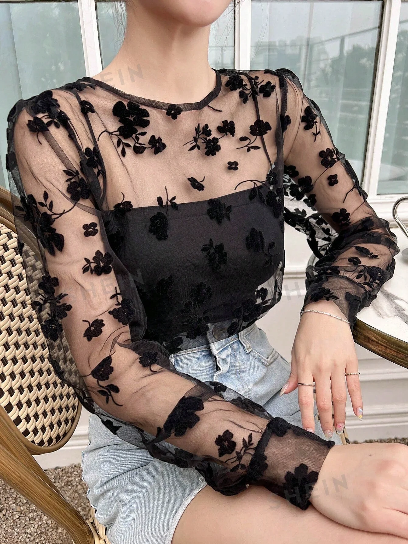 Floral Embroidery Mesh Top Without Cami Top