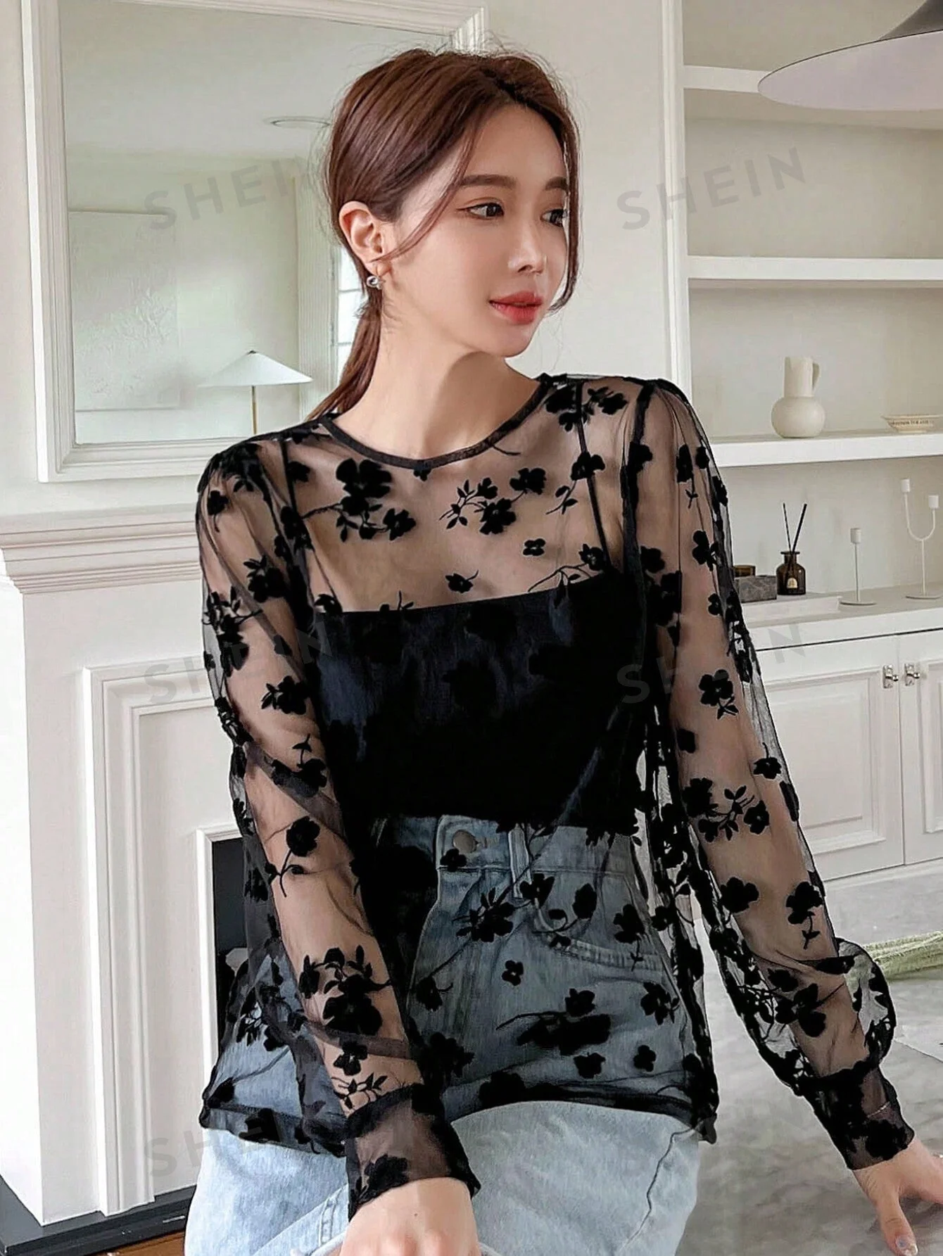 Floral Embroidery Mesh Top Without Cami Top - Image 4