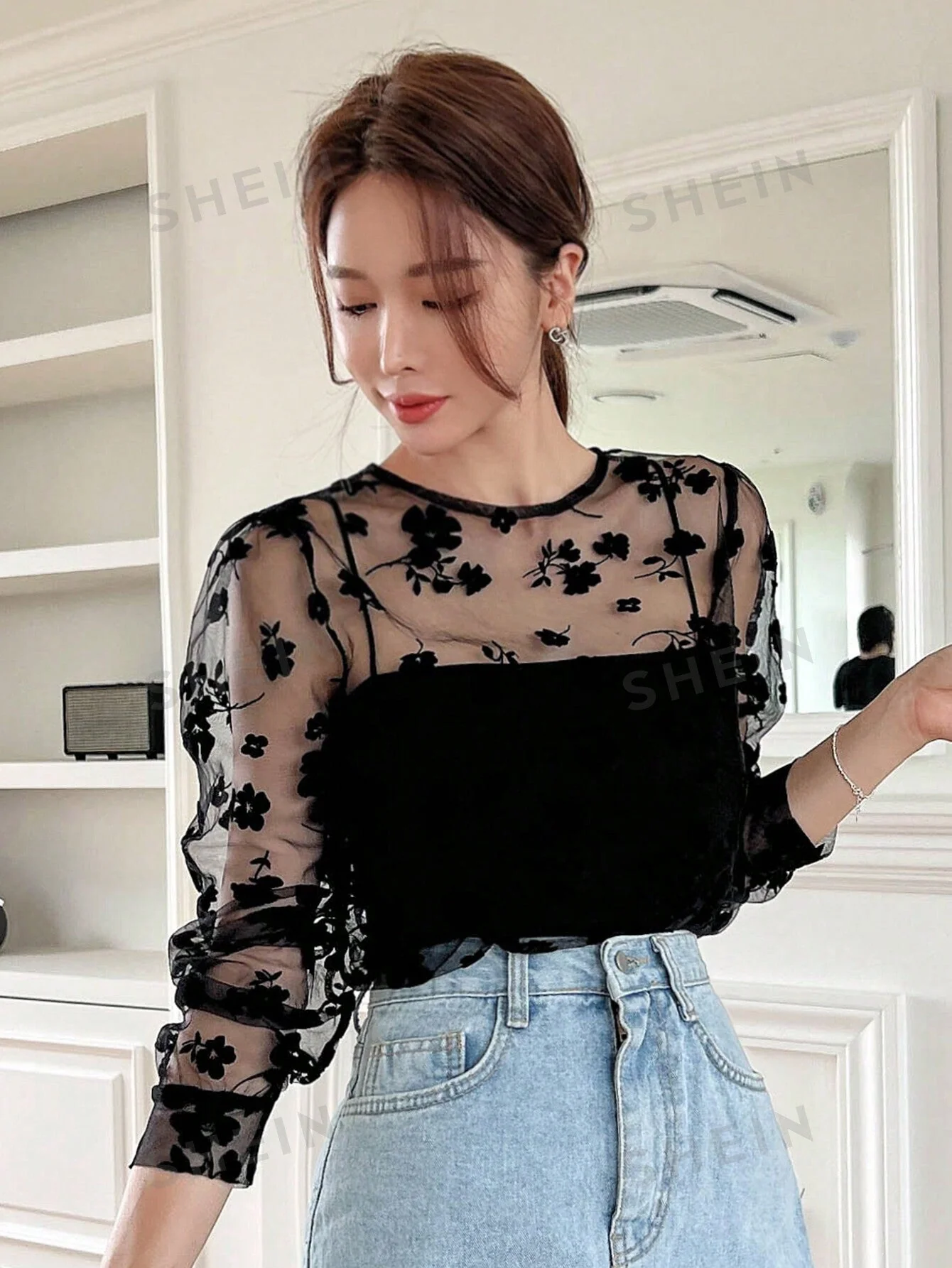 Floral Embroidery Mesh Top Without Cami Top - Image 5