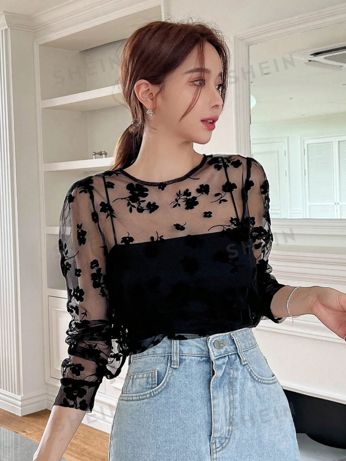 Floral Embroidery Mesh Top Without Cami Top - Image 6