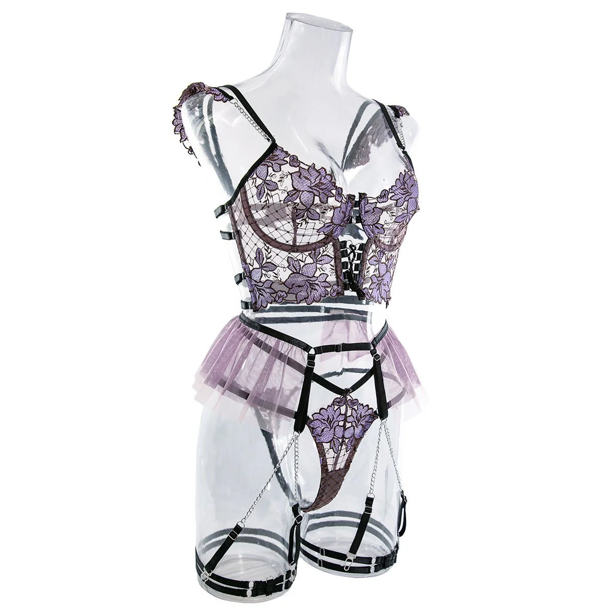 Floral Pendant | Embroidered Mesh Gathering Four-Piece Cute Girl Set - Image 16