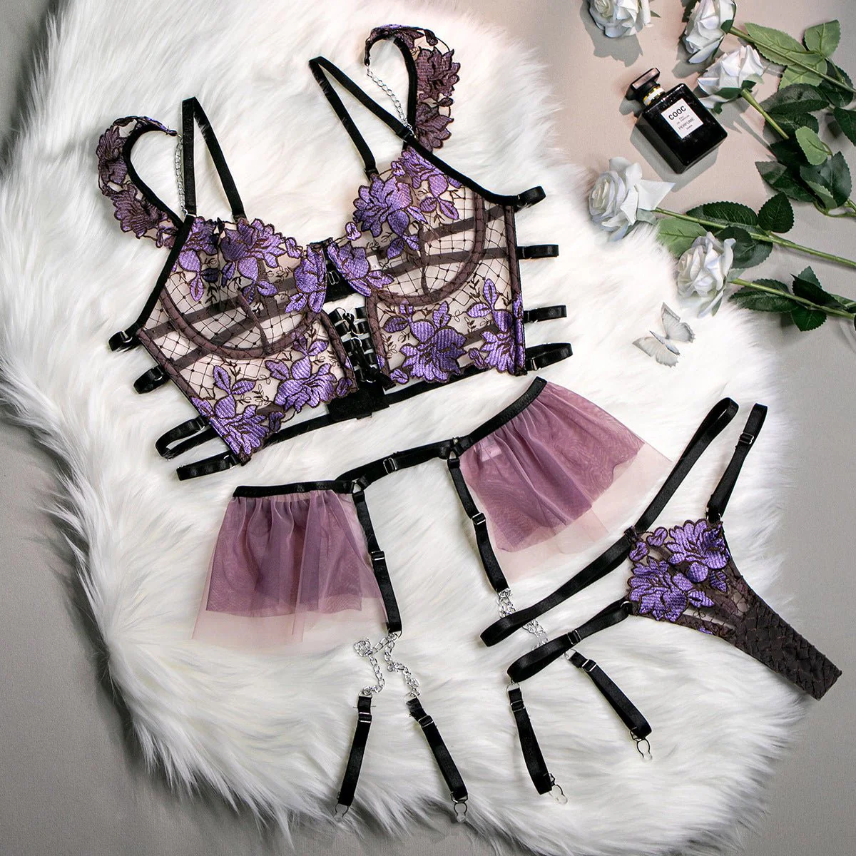 Floral Pendant | Embroidered Mesh Gathering Four-Piece Cute Girl Set - Image 24