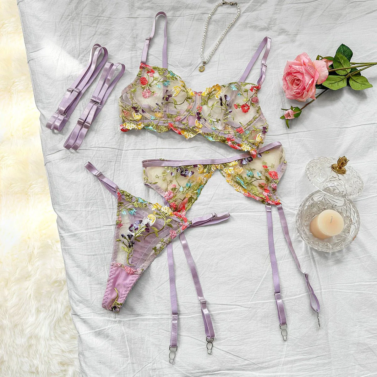 Floral Whisper | Embroidered Multi-Color Floral Four-Piece Lingerie Set - Image 10